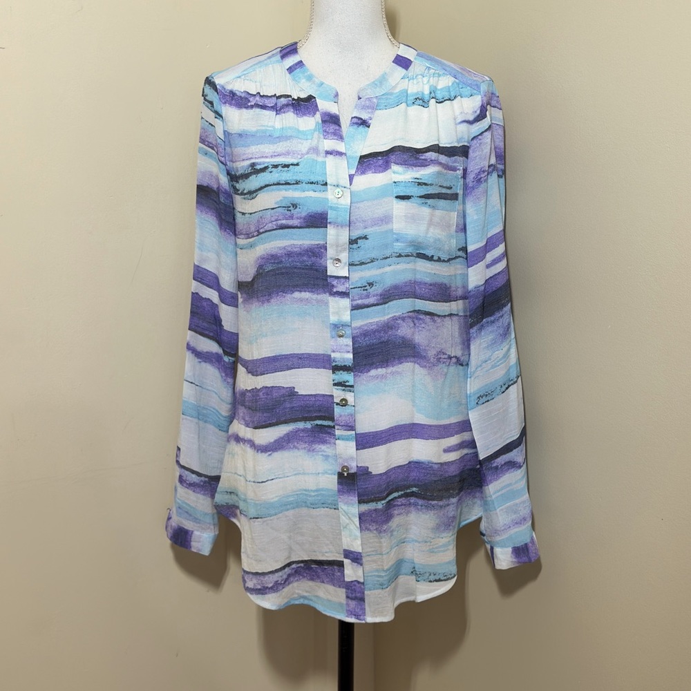 Zac & Rachel Women's Size Blue & Purple Abstract Roll-Tab Top size M
